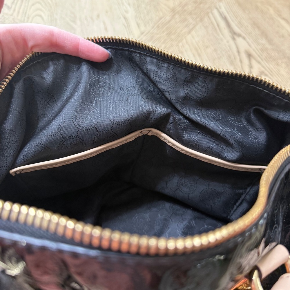 Michael Kors Grayson Black Patent Leather Monogram Satchel Handbag Gold Hardware - Picture 16 of 16